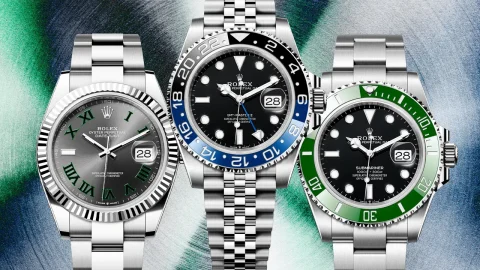 Rolex Datejust, GMT-Master II, and Submariner watches in stainless steel with black, green, and blue bezels.