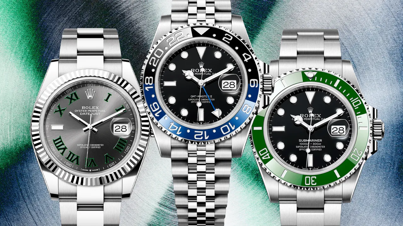 Rolex Datejust, GMT-Master II, and Submariner watches in stainless steel with black, green, and blue bezels.