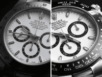 Close-up comparison of two Rolex Daytona white dial chronographs with steel bezels.
